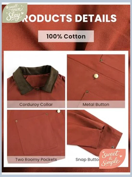 Women's Cropped Corduroy Collar Barn Jacket Button Down Long Sleeve - Picture 4 of 7